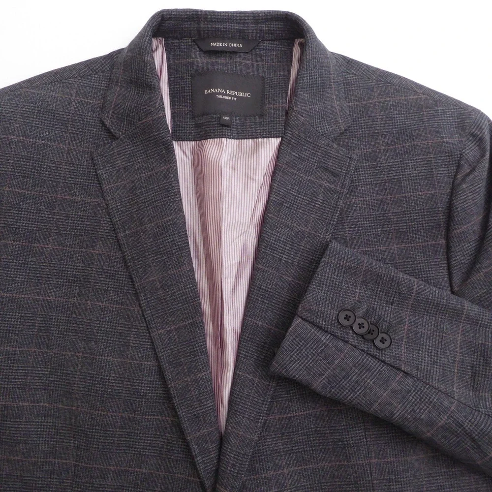 Banana Republic Mens Blazer Coat Charcoal Gray Plaid Tailored Fit 42R